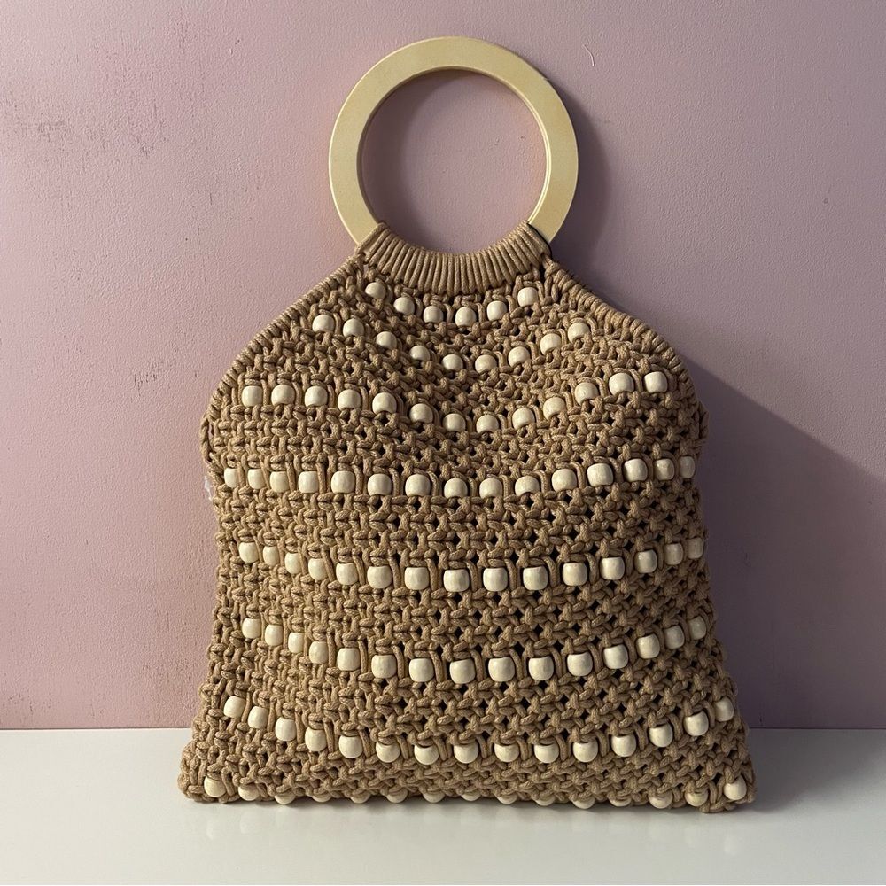 Violet Ray NWT Boho Tan/Cream Macrame Wood O Ring Woven Beaded Crossbody Handbag